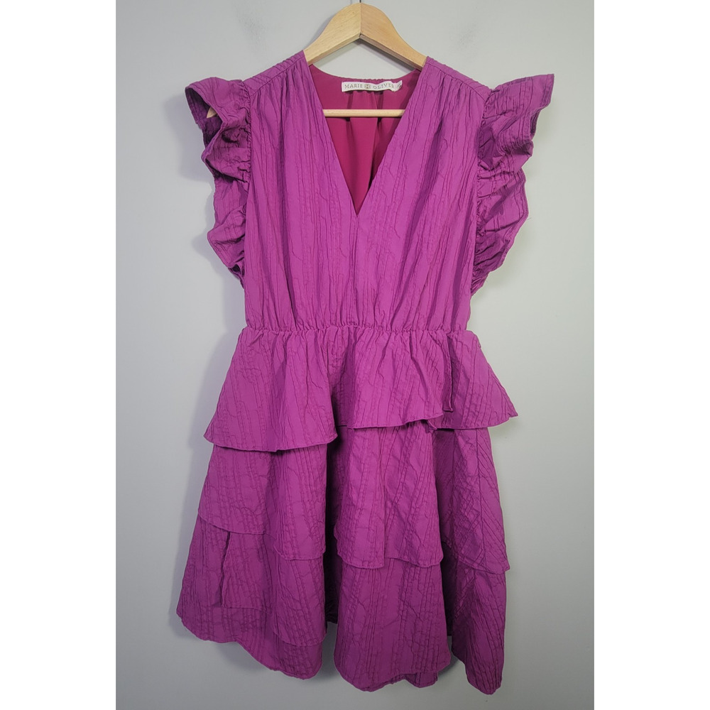 Marie Oliver Womens XS Ruffle V Neck Mini Dress Pink Textured Missing Belt
